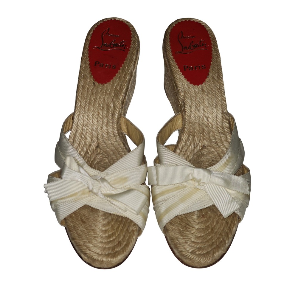 Christian Louboutin Cream Grosgrain Bow Espadrille Wedge Sandals Size 41